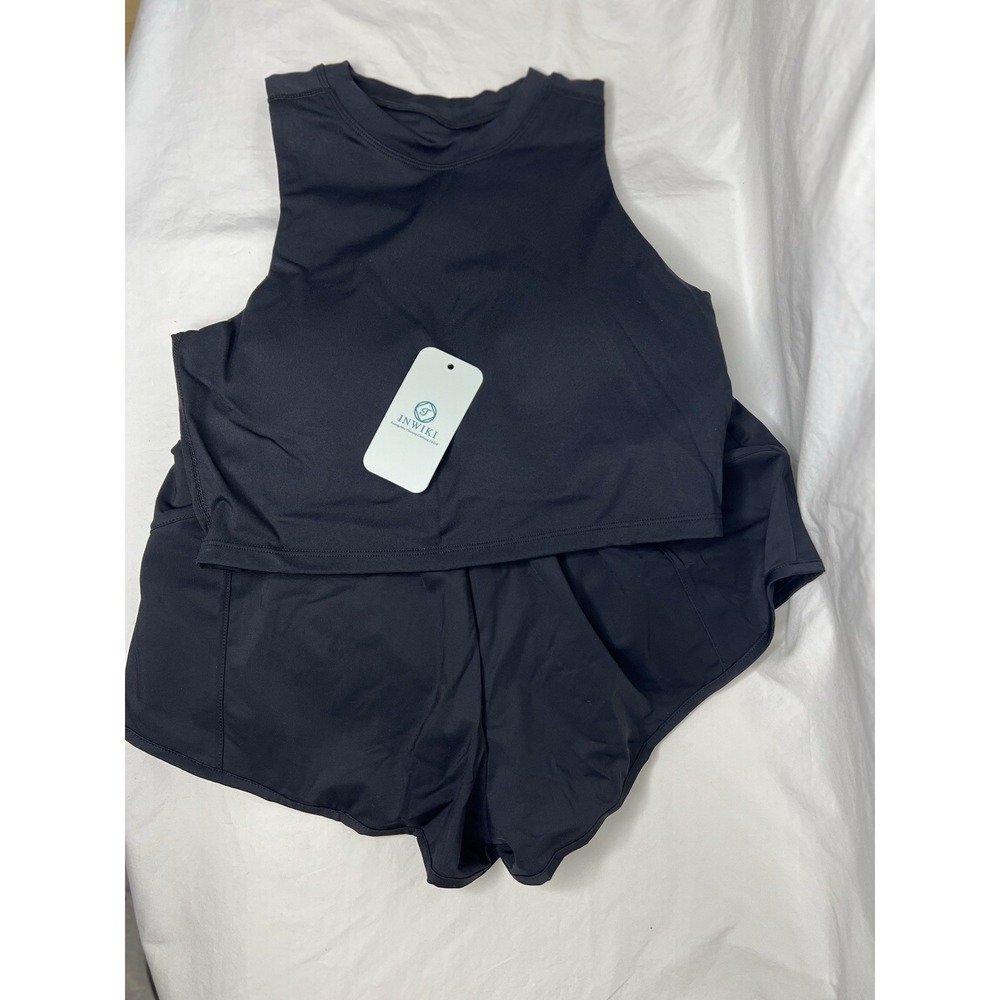 INWIKI Girls 2 Piece Athletic Set Sleeveless Tank & Shorts‎ Black  Size L